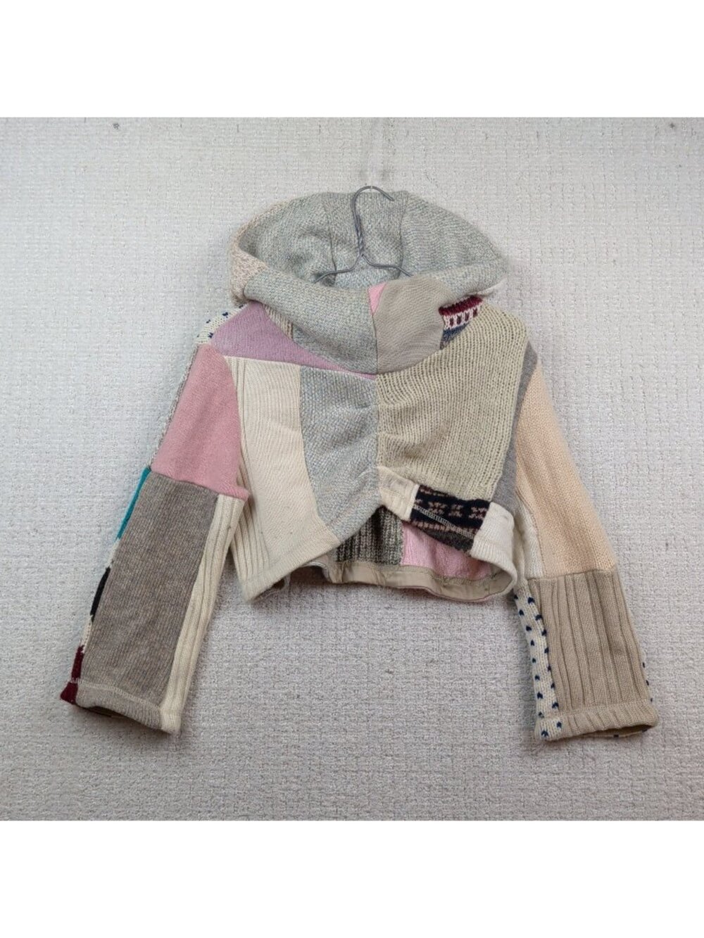 Vintage Myco Anna Mix Patchwork Cropped Wool Knit Hoodie Grunge Alt Boho Sz M